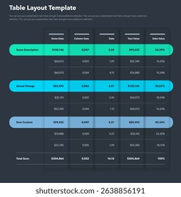 Table layout template with three options and a total sum row - dark version. Simple flat template for project data visualization.