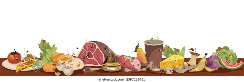 Table of leftovers and spoiled foodstuffs. Waste organic products, flying insects, rotting vegetables and fruits, stinking meat, natural trash. Cartoon flat style isolated vector concept