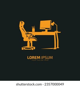 table logo, desk vector, computer table icon, chair silhouette design minimal symbol of office setup chair and table and computer and lamp