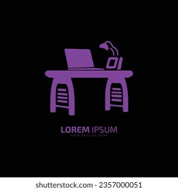 table logo, office table vector, desk icon, with laptop and lamp silhouette design minimal symbol