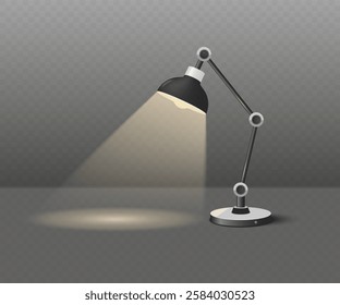 Table luminous lamp with adjustable body in gray tones isolated on dark background. Vector 3d illustration.