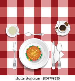 table for lunch with hamburger illustration set one