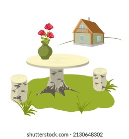 The table is made of wood. Roses on the table. House. Summer. Garden and vegetable garden. Vector illustration in a flat style.