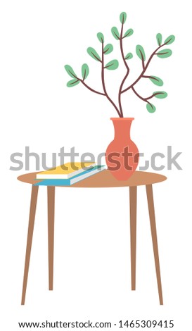 Table with magazines and plant in vase isolated on white. Vector journals or newspapers on desk, pot with growing flower, room interior element