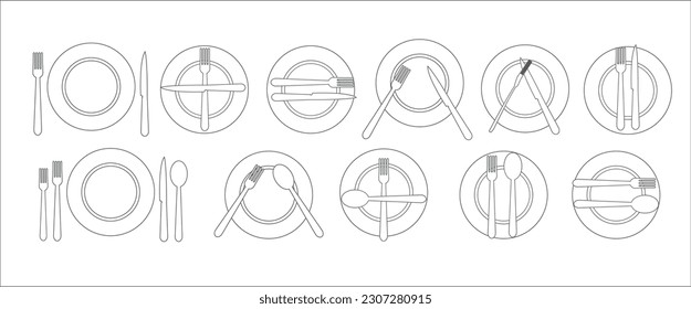 Tischdekoration Etiquette Ikone Set, Illustration Design für Bildung, Besteck Ikone, Spion, Gabeln, Messer, Teller Restaurant Geschäft.