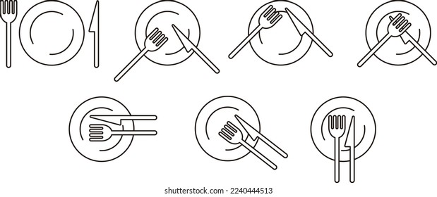 Tischmanieren Symbol. Lage der Gabeln und Messer vor, während und nach dem Essen.