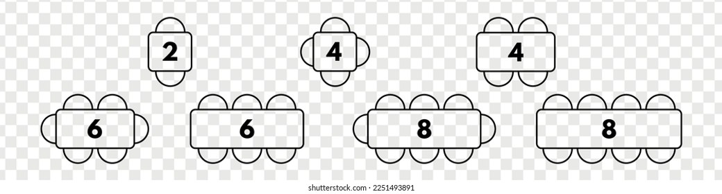 Table maps for restaurant seating capacity. Different chair and table sizes for event or party. Architectural plan, blueprint of seats. Vector isolated illustration