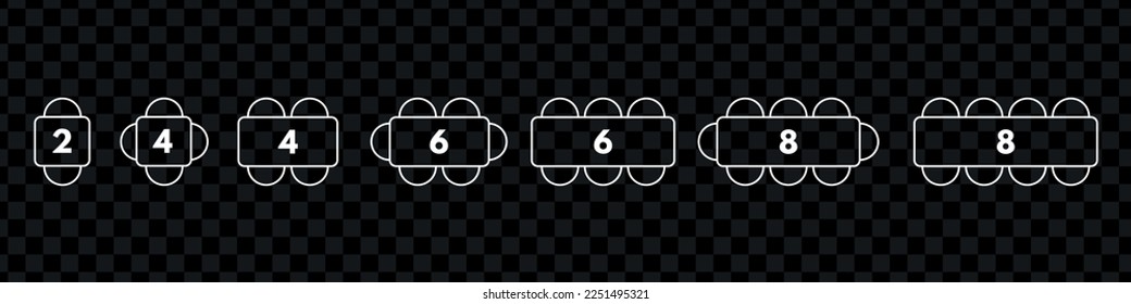 Table maps for restaurant seating capacity. Different chair and table sizes for event or party. Architectural plan, blueprint of seats. Vector isolated illustration