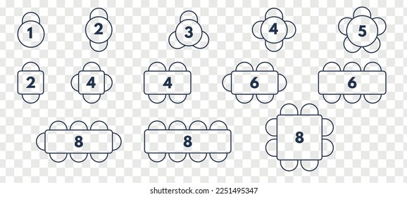 Table maps for restaurant seating capacity. Different chair and table sizes for event or party. Architectural plan, blueprint of seats. Vector isolated illustration