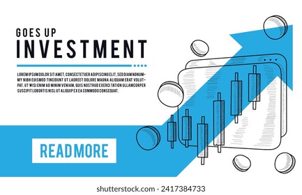 Tabla con la ilustración de la gráfica de estadísticas de mercado. Concepto de crecimiento de la planificación financiera de la estrategia de las empresas de inversión. Esbozo vectorial dibujado a mano.