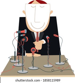 Table, microphones and man hides face under the mask illustration. A lot of microphones and man sits at the table and hides face under the smiling mask isolated on white

