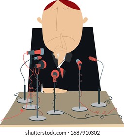 Table, microphones and man shows a finger to keep quiet illustration. A lot of microphones and man sits at the table and put a finger on the lips and talks nothing isolated on white
