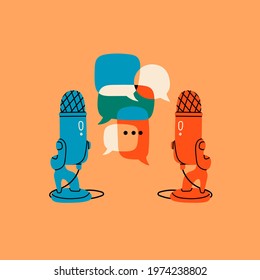 Table microphones and speech bubbles. Conversation, interview logo. Podcast recording and listening, broadcasting, online radio, audio streaming service Concept. Hand drawn Vector illustration