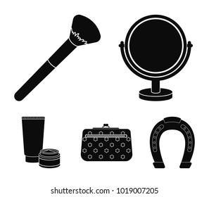 Table mirror, cosmetic bag, face brush, body cream.Makeup set collection icons in black style vector symbol stock illustration web.