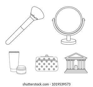 Table mirror, cosmetic bag, face brush, body cream.Makeup set collection icons in outline style vector symbol stock illustration web.