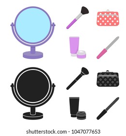 Table mirror, cosmetic bag, face brush, body cream.Makeup set collection icons in cartoon,black style vector symbol stock illustration web.