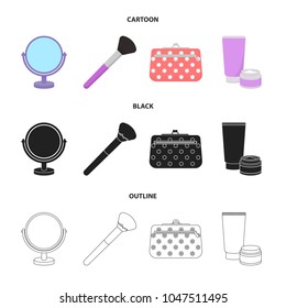 Table mirror, cosmetic bag, face brush, body cream.Makeup set collection icons in cartoon,black,outline style vector symbol stock illustration web.