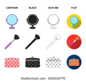 Table mirror, cosmetic bag, face brush, body cream.Makeup set collection icons in cartoon,black,outline,flat style vector symbol stock illustration web.