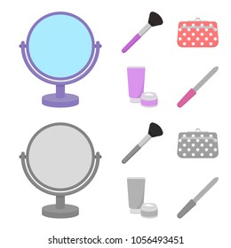 Table mirror, cosmetic bag, face brush, body cream.Makeup set collection icons in cartoon,monochrome style vector symbol stock illustration web.
