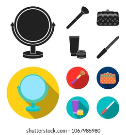 Table mirror, cosmetic bag, face brush, body cream.Makeup set collection icons in black, flat style vector symbol stock illustration web.