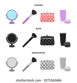 Table mirror, cosmetic bag, face brush, body cream.Makeup set collection icons in cartoon,black,monochrome style vector symbol stock illustration web.