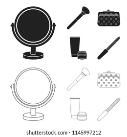 Table mirror, cosmetic bag, face brush, body cream.Makeup set collection icons in black,outline style vector symbol stock illustration web.
