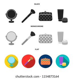 Table mirror, cosmetic bag, face brush, body cream.Makeup set collection icons in black, flat, monochrome style vector symbol stock illustration web.