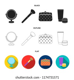 Table mirror, cosmetic bag, face brush, body cream.Makeup set collection icons in cartoon style vector symbol stock illustration web.