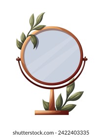 Table mirror with leaves on the white background. Beauty, skin care, bathroom concept. Isolated vector illustration.