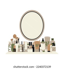 A table with a mirror and lots of make up products. Cluttered table. Vector hand drawn illustration isolated on white background.