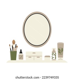 A table with a mirror and make up products. After decluttering. Vector hand drawn illustration isolated on white background.
