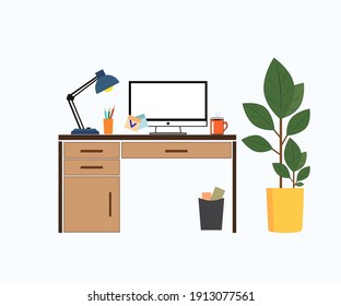 Table, monitor, pencils, lamp and flower isolated on a white background. Office, business.