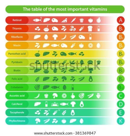 Table of the most important vitamins with chemical names and food icons
