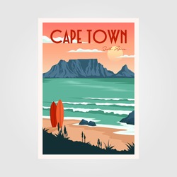 Table Mountain View In Cape Town Vintage Poster Illustration Design, Vintage Surf Poster Design