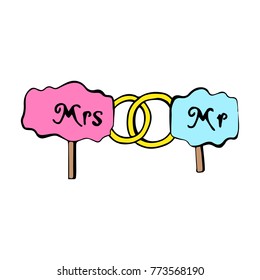 Table Mr and mrs and rings vector illustration. Doodle style. Design, print, decor, textile, paper