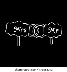 Table Mr and mrs and rings vector illustration. Doodle style. Design, print, decor, textile, paper
