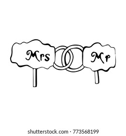 Table Mr and mrs and rings vector illustration. Doodle style. Design, print, decor, textile, paper