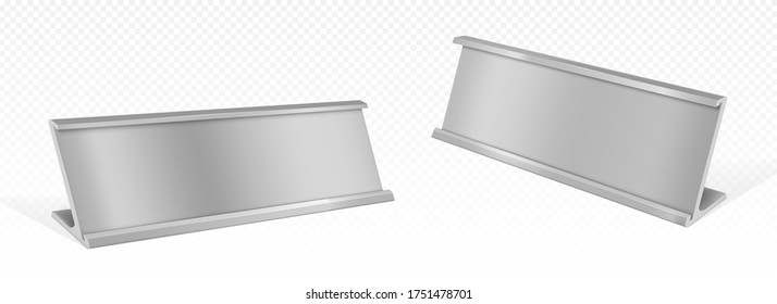 Table name card holder, empty plate mockup. Metal stand for identification tag or badge for events angle view, steel frame for nameplate isolated on transparent background, realistic 3d vector mock up