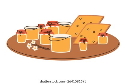Table with natural farm products. Jars with honey, honeycombs, flowers. Flat vector illustration.