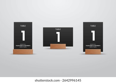 Table Number 1 Black Card Mockup with Wooden Stand – Vertical and Horizontal Layout