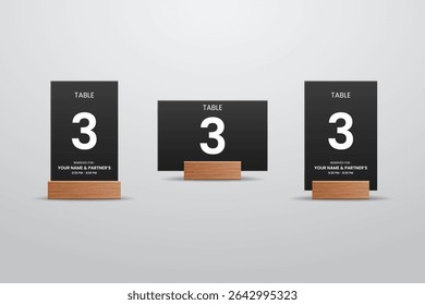 Table Number 3 Black Card Mockup with Wooden Stand – Vertical and Horizontal Layout