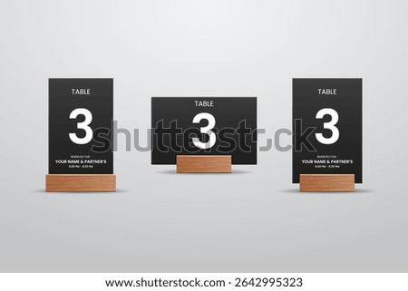 Table Number 3 Black Card Mockup with Wooden Stand – Vertical and Horizontal Layout