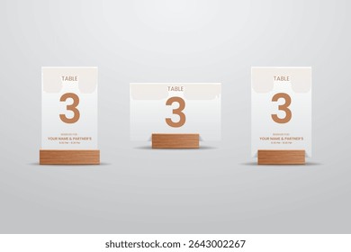 Table Number 3 Card Mockup with Wooden Stand,  White and Copper Elegant Style