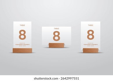 Table Number 8 Card Mockup with Wooden Stand – Elegant White and Copper Style