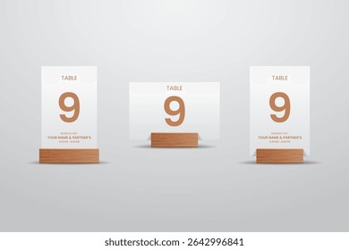 Table Number 9 Card Mockup with Wooden Stand – Elegant White and Copper Style