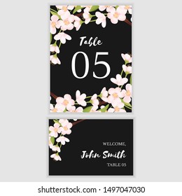 Table number card and escort guest card with cherry blossom flower decoration