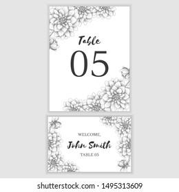 Table number card with hand drawn dahlia flower decoration