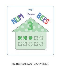 table of the number three for junior school and preschool, learning numbers - a card in the form of a house for learning the number 3, a visual table of mathematics in a cartoon style