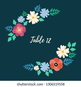 Table number wedding invitation card with flat flower frame background, hand drawn floral elements label. Vector design template, isolated. Save the date welcome card in trendy and fashion colours.