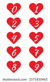 Table of Numbers from 0 to 9, made in red hearts on a isolated white color background